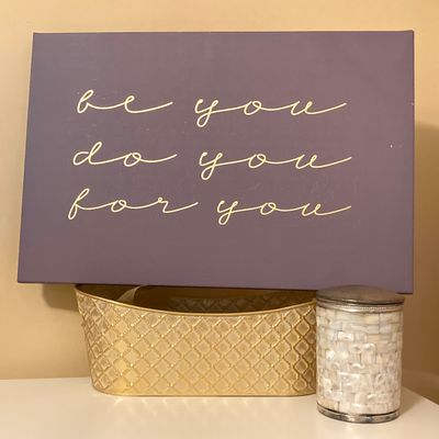 LOT 71: Home Decor - Inspirational Wall Art, Mother of Pearl Canister, Accent Pillow and Gold Tone Basket