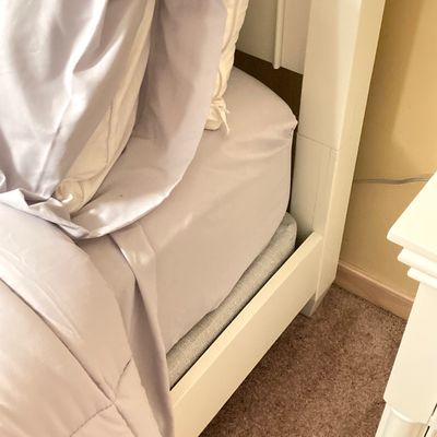 LOT 73: White Bed Frame with Magnussen Home Night Stand / Table