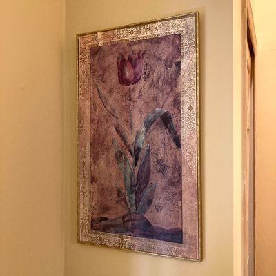 LOT 79: African Tulip Wall Hanging Imported by The Bombay Company with Natural Mango Wood Vase and Faux Floral Arrangement