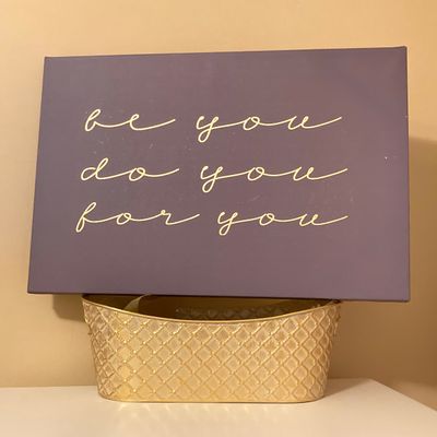 LOT 71: Home Decor - Inspirational Wall Art, Mother of Pearl Canister, Accent Pillow and Gold Tone Basket