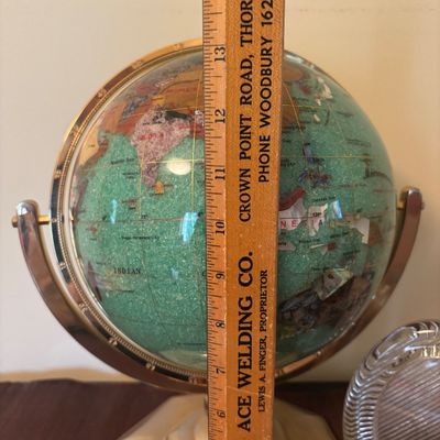 LOT 84: Gold Brass Tabletop World Globe w/Gemstone Inlay, World Globe w/ Inlay Gemstone Paperweight & Miksa Picture Frame