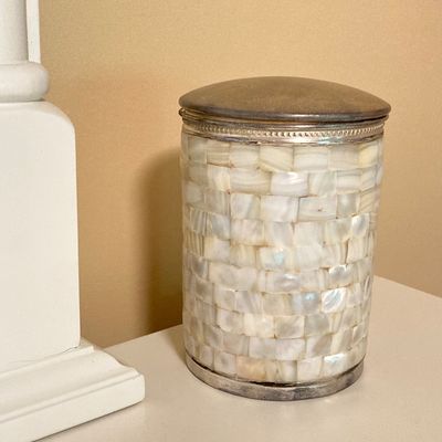 LOT 71: Home Decor - Inspirational Wall Art, Mother of Pearl Canister, Accent Pillow and Gold Tone Basket