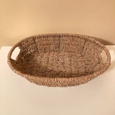 LOT 72: Beach / Shell Themed Decor - Wall Hangings, Seagrass Oval Storage Basket, White Wicker Tissue Box Cover, Mirrored Vanity Tray