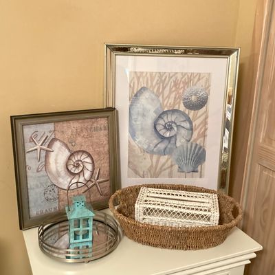 LOT 72: Beach / Shell Themed Decor - Wall Hangings, Seagrass Oval Storage Basket, White Wicker Tissue Box Cover, Mirrored Vanity Tray