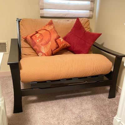 LOT 74: Black Wooden Folding Twin Size Futon with Mattress and Accent Pillows