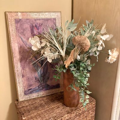 LOT 79: African Tulip Wall Hanging Imported by The Bombay Company with Natural Mango Wood Vase and Faux Floral Arrangement
