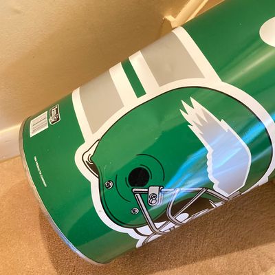 LOT 67: Philadelphia Sports Memorabilia - Vintage Eagles Construction Helmet, Metal Trash Can, Pair of Drinking Glasses, Flyers Plush and...