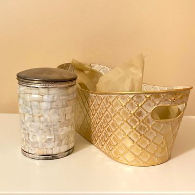 LOT 71: Home Decor - Inspirational Wall Art, Mother of Pearl Canister, Accent Pillow and Gold Tone Basket