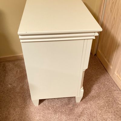 LOT 73: White Bed Frame with Magnussen Home Night Stand / Table