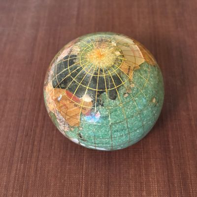 LOT 84: Gold Brass Tabletop World Globe w/Gemstone Inlay, World Globe w/ Inlay Gemstone Paperweight & Miksa Picture Frame