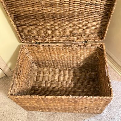 LOT 76: Wicker Storage Chest with Pair of Wall Hangings - Nautical Oil Painting and More