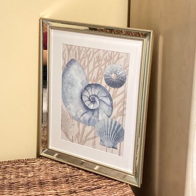 LOT 72: Beach / Shell Themed Decor - Wall Hangings, Seagrass Oval Storage Basket, White Wicker Tissue Box Cover, Mirrored Vanity Tray