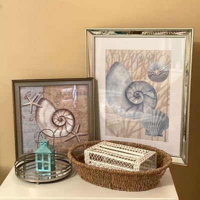 LOT 72: Beach / Shell Themed Decor - Wall Hangings, Seagrass Oval Storage Basket, White Wicker Tissue Box Cover, Mirrored Vanity Tray