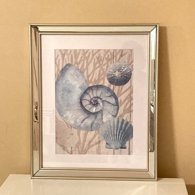 LOT 72: Beach / Shell Themed Decor - Wall Hangings, Seagrass Oval Storage Basket, White Wicker Tissue Box Cover, Mirrored Vanity Tray