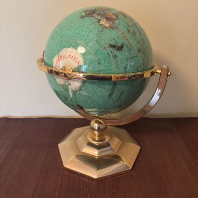 LOT 84: Gold Brass Tabletop World Globe w/Gemstone Inlay, World Globe w/ Inlay Gemstone Paperweight & Miksa Picture Frame
