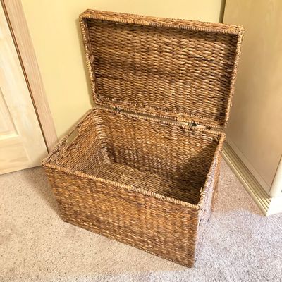 LOT 76: Wicker Storage Chest with Pair of Wall Hangings - Nautical Oil Painting and More