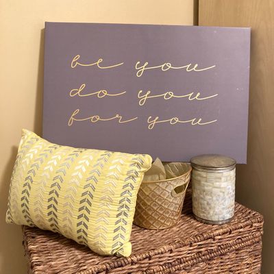 LOT 71: Home Decor - Inspirational Wall Art, Mother of Pearl Canister, Accent Pillow and Gold Tone Basket
