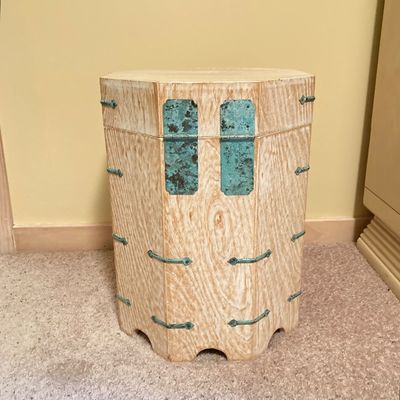 LOT 70: Asian White Washed Lift Top Octagon Side Table with Storage