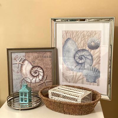 LOT 72: Beach / Shell Themed Decor - Wall Hangings, Seagrass Oval Storage Basket, White Wicker Tissue Box Cover, Mirrored Vanity Tray