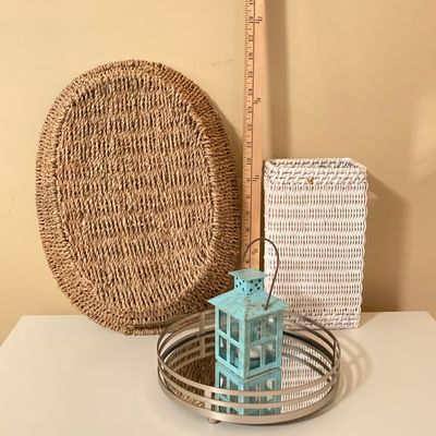 LOT 72: Beach / Shell Themed Decor - Wall Hangings, Seagrass Oval Storage Basket, White Wicker Tissue Box Cover, Mirrored Vanity Tray