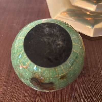 LOT 84: Gold Brass Tabletop World Globe w/Gemstone Inlay, World Globe w/ Inlay Gemstone Paperweight & Miksa Picture Frame