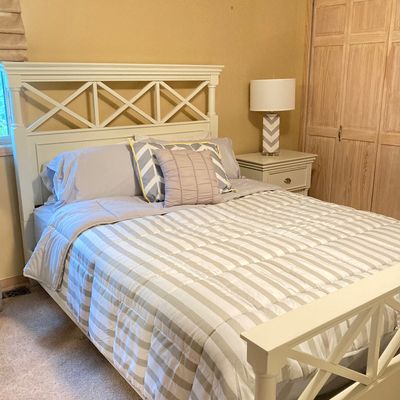 LOT 73: White Bed Frame with Magnussen Home Night Stand / Table