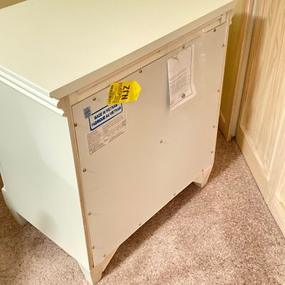 LOT 73: White Bed Frame with Magnussen Home Night Stand / Table