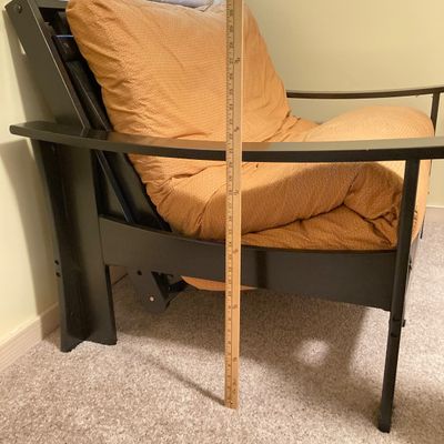 LOT 74: Black Wooden Folding Twin Size Futon with Mattress and Accent Pillows