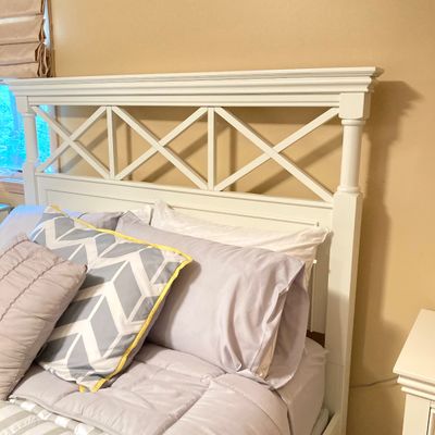 LOT 73: White Bed Frame with Magnussen Home Night Stand / Table