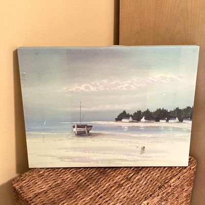 LOT 76: Wicker Storage Chest with Pair of Wall Hangings - Nautical Oil Painting and More
