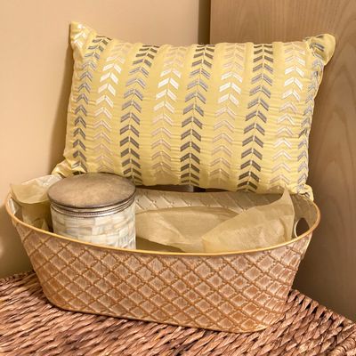 LOT 71: Home Decor - Inspirational Wall Art, Mother of Pearl Canister, Accent Pillow and Gold Tone Basket