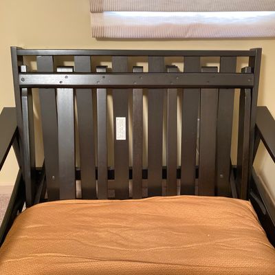 LOT 74: Black Wooden Folding Twin Size Futon with Mattress and Accent Pillows