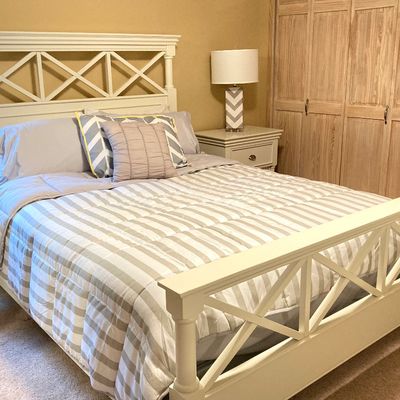 LOT 73: White Bed Frame with Magnussen Home Night Stand / Table