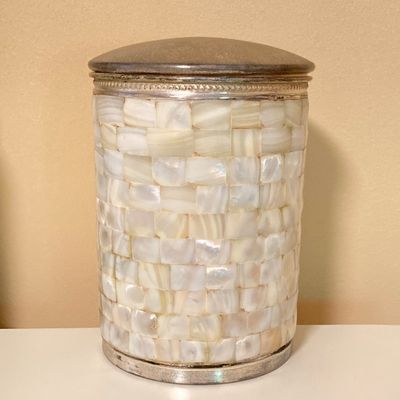 LOT 71: Home Decor - Inspirational Wall Art, Mother of Pearl Canister, Accent Pillow and Gold Tone Basket