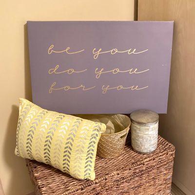 LOT 71: Home Decor - Inspirational Wall Art, Mother of Pearl Canister, Accent Pillow and Gold Tone Basket
