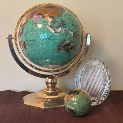 LOT 84: Gold Brass Tabletop World Globe w/Gemstone Inlay, World Globe w/ Inlay Gemstone Paperweight & Miksa Picture Frame