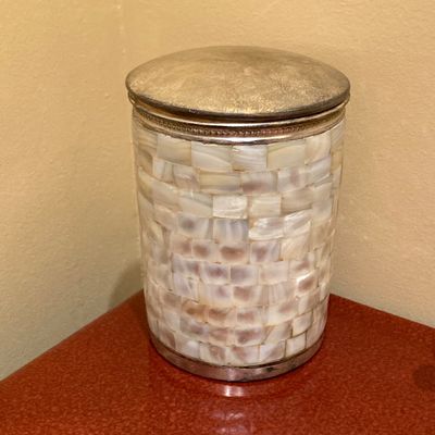 LOT 71: Home Decor - Inspirational Wall Art, Mother of Pearl Canister, Accent Pillow and Gold Tone Basket