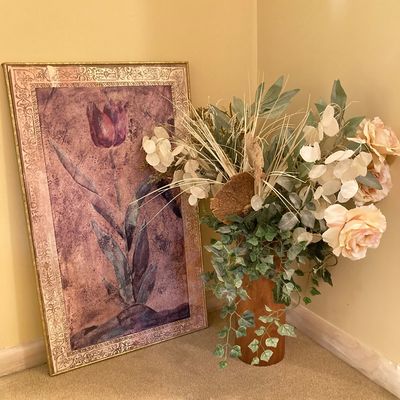 LOT 79: African Tulip Wall Hanging Imported by The Bombay Company with Natural Mango Wood Vase and Faux Floral Arrangement