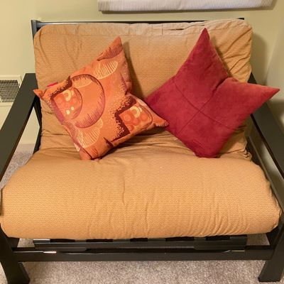 LOT 74: Black Wooden Folding Twin Size Futon with Mattress and Accent Pillows