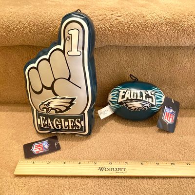 LOT 67: Philadelphia Sports Memorabilia - Vintage Eagles Construction Helmet, Metal Trash Can, Pair of Drinking Glasses, Flyers Plush and...