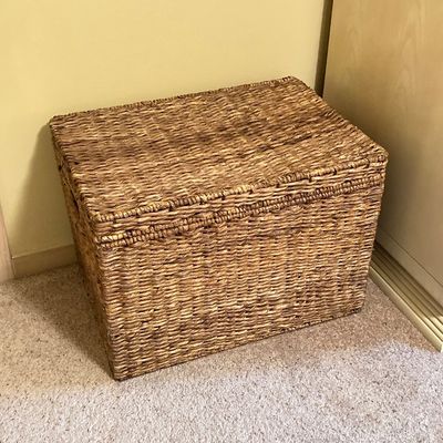 LOT 76: Wicker Storage Chest with Pair of Wall Hangings - Nautical Oil Painting and More