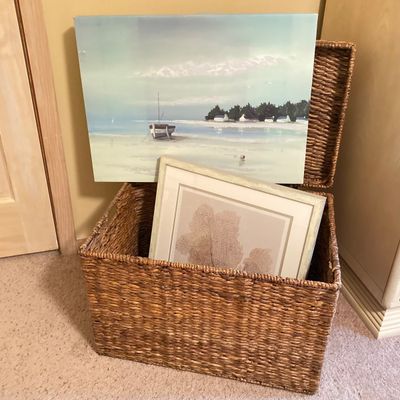 LOT 76: Wicker Storage Chest with Pair of Wall Hangings - Nautical Oil Painting and More