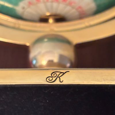 LOT 84: Gold Brass Tabletop World Globe w/Gemstone Inlay, World Globe w/ Inlay Gemstone Paperweight & Miksa Picture Frame