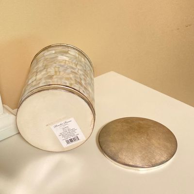 LOT 71: Home Decor - Inspirational Wall Art, Mother of Pearl Canister, Accent Pillow and Gold Tone Basket