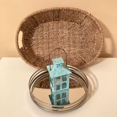 LOT 72: Beach / Shell Themed Decor - Wall Hangings, Seagrass Oval Storage Basket, White Wicker Tissue Box Cover, Mirrored Vanity Tray
