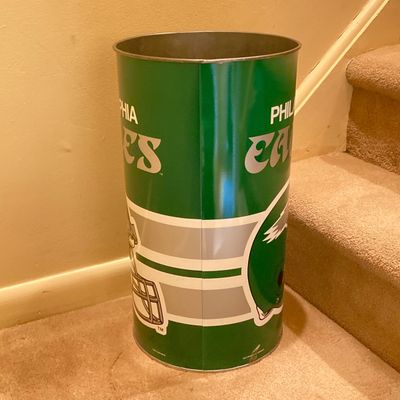 LOT 67: Philadelphia Sports Memorabilia - Vintage Eagles Construction Helmet, Metal Trash Can, Pair of Drinking Glasses, Flyers Plush and...