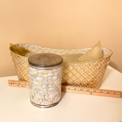 LOT 71: Home Decor - Inspirational Wall Art, Mother of Pearl Canister, Accent Pillow and Gold Tone Basket