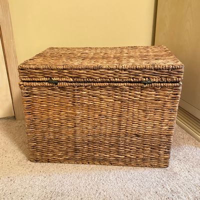 LOT 76: Wicker Storage Chest with Pair of Wall Hangings - Nautical Oil Painting and More