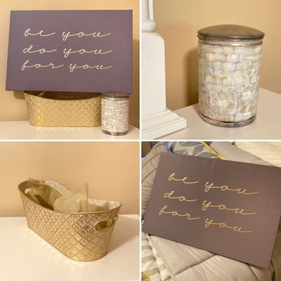 LOT 71: Home Decor - Inspirational Wall Art, Mother of Pearl Canister, Accent Pillow and Gold Tone Basket