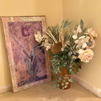 LOT 79: African Tulip Wall Hanging Imported by The Bombay Company with Natural Mango Wood Vase and Faux Floral Arrangement